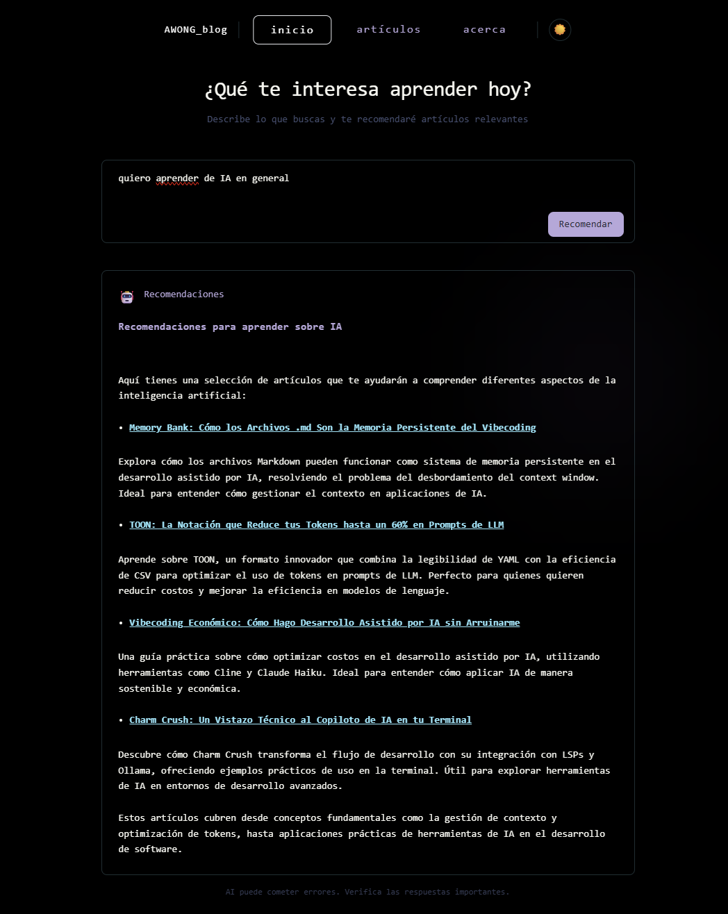Sistema de recomendaciones de IA en la página principal